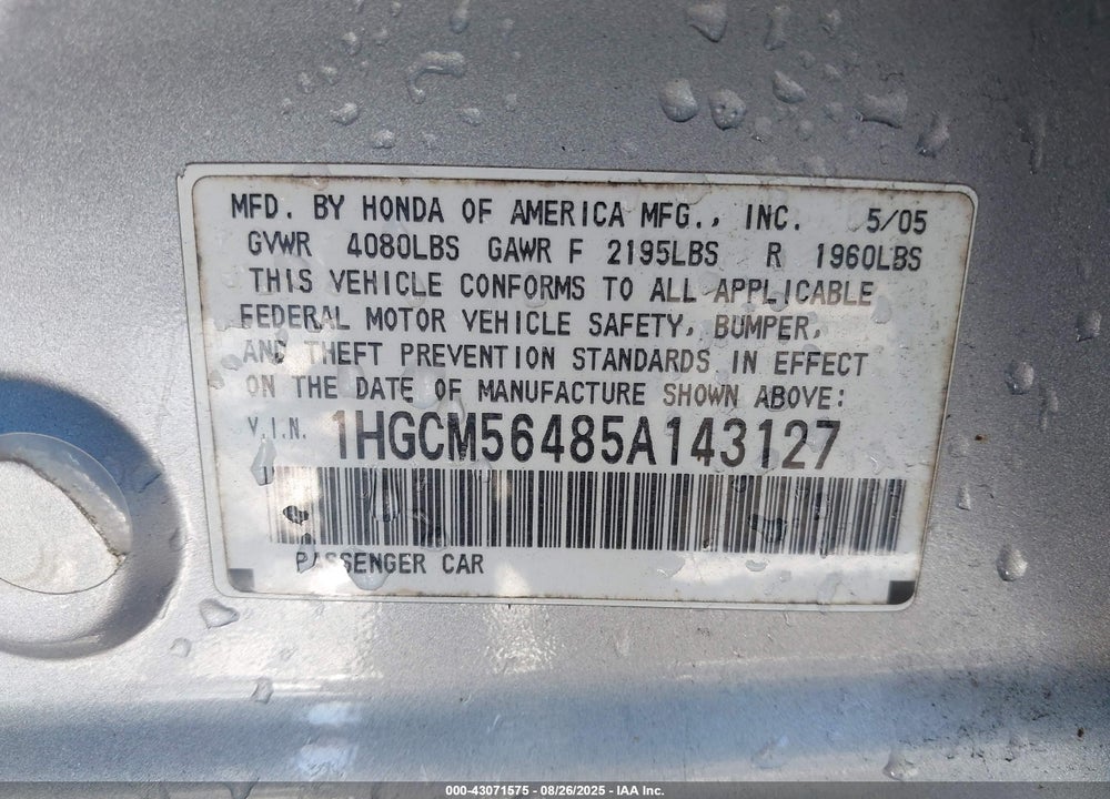 2005 HONDA ACCORD 2.4 LX VIN: 1HGCM56485A143127