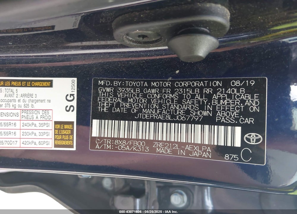 2020 TOYOTA COROLLA VIN: JTDEPRAE8LJ067797