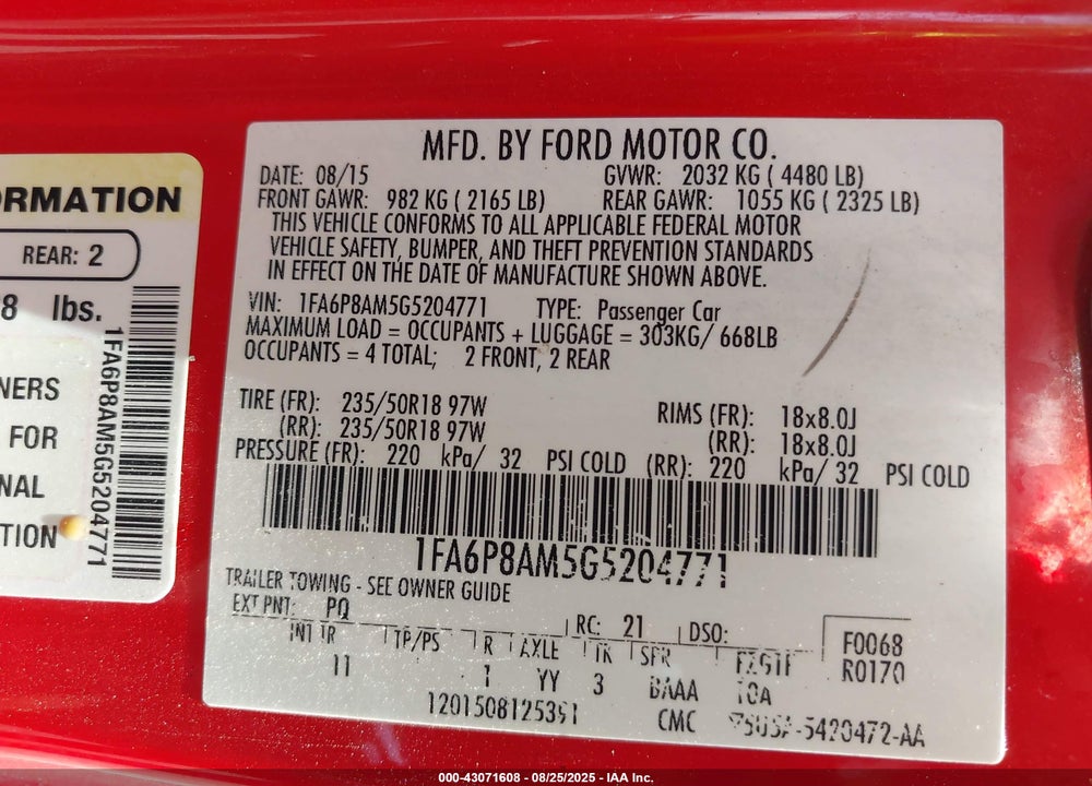 2016 FORD MUSTANG VIN: 1FA6P8AM5G5204771