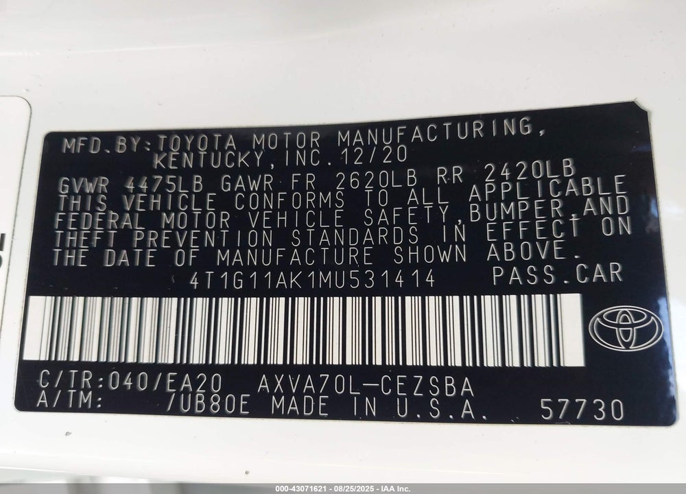 2021 TOYOTA CAMRY VIN: 4T1G11AK1MU531414