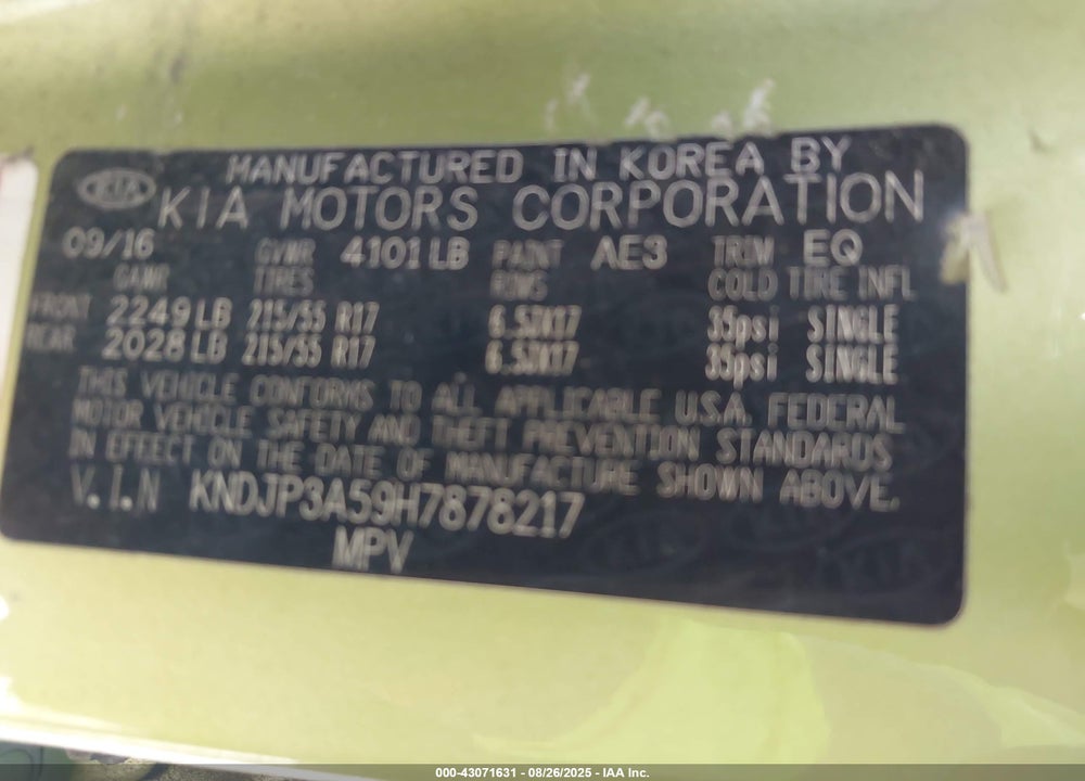 2017 KIA SOUL VIN: KNDJP3A59H7878217