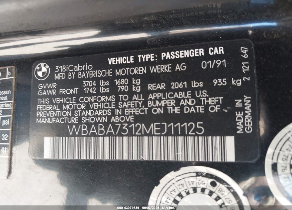 1991 BMW 318 I VIN: WBABA7312MEJ11125
