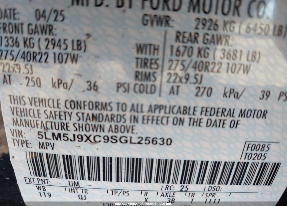 2025 LINCOLN AVIATOR VIN: 5LM5J9XC9SGL25630