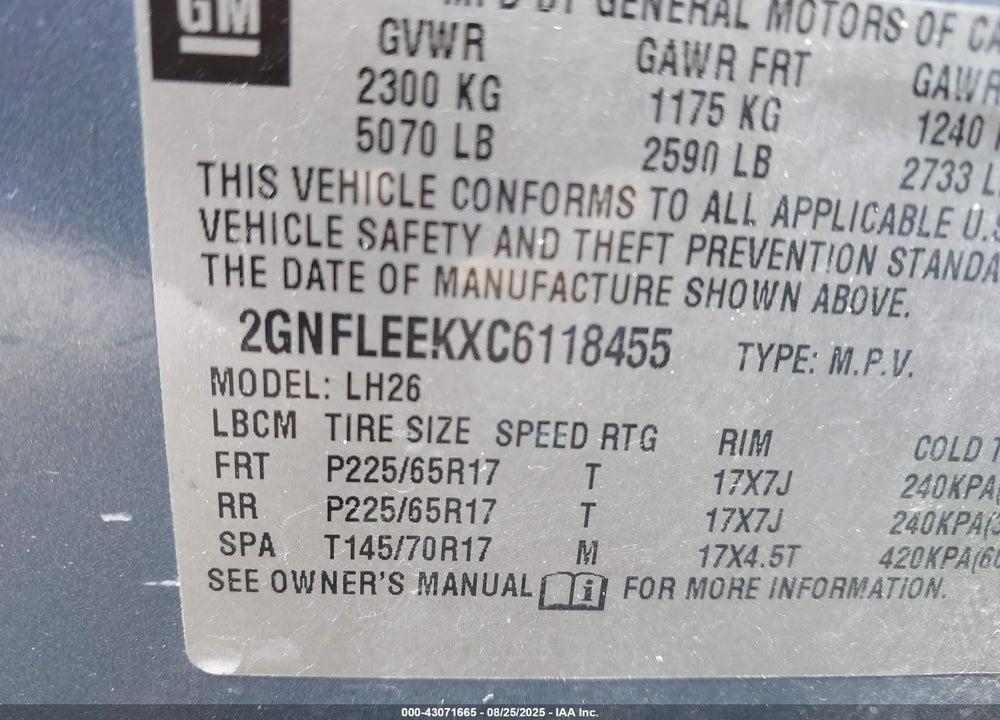 2012 CHEVROLET EQUINOX VIN: 2GNFLEEKXC6118455