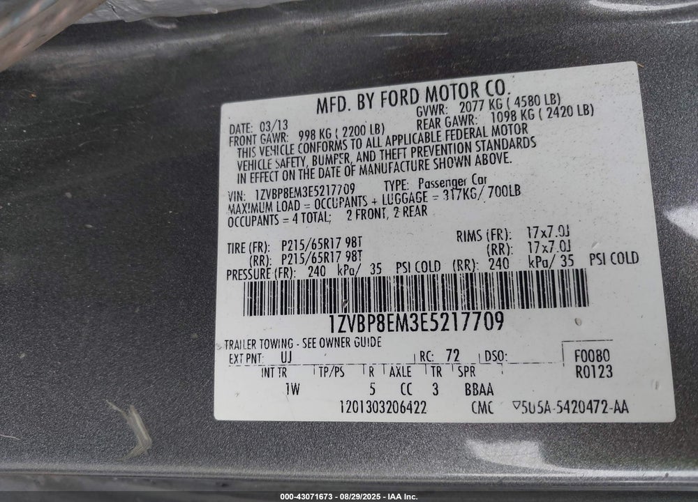 2014 FORD MUSTANG V6 VIN: 1ZVBP8EM3E5217709