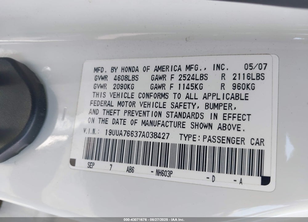 2007 ACURA TL TYPE S VIN: 19UUA76637A038427