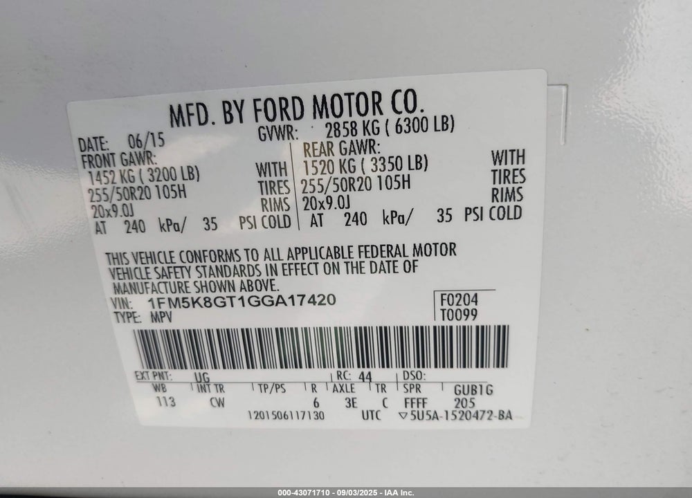 2016 FORD EXPLORER VIN: 1FM5K8GT1GGA17420
