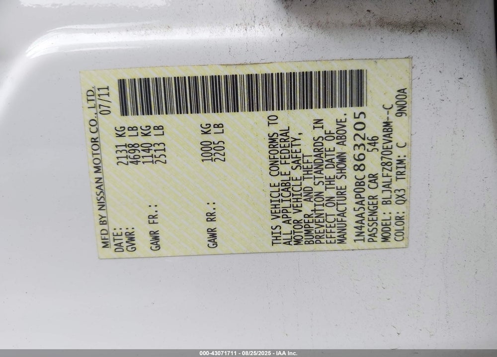 2011 NISSAN MAXIMA 3.5 SV VIN: 1N4AA5AP0BC863205