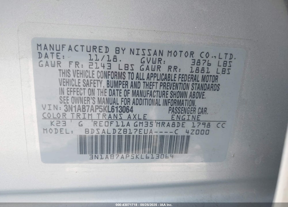 2019 NISSAN SENTRA VIN: 3N1AB7AP5KL613064