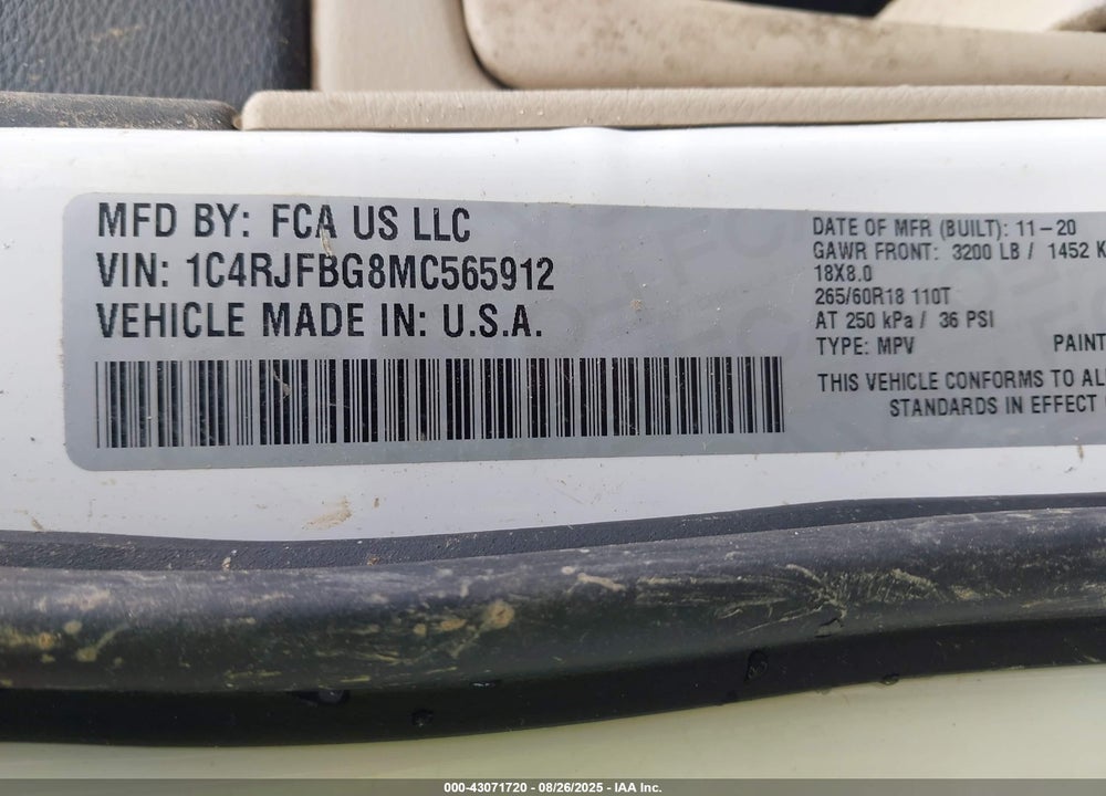 2021 JEEP GRAND CHEROKEE VIN: 1C4RJFBG8MC565912