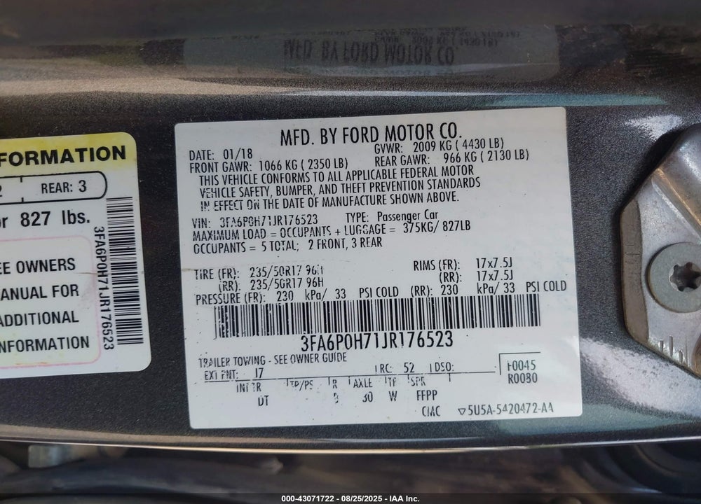 2018 FORD FUSION VIN: 3FA6P0H71JR176523