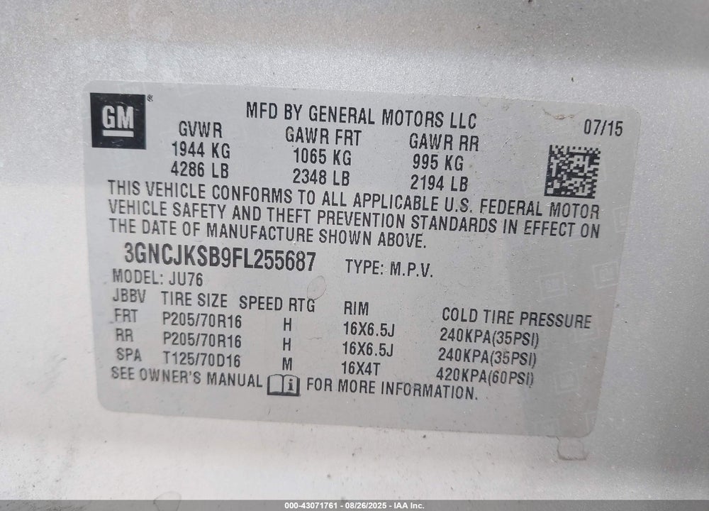2015 CHEVROLET TRAX VIN: 3GNCJKSB9FL255687