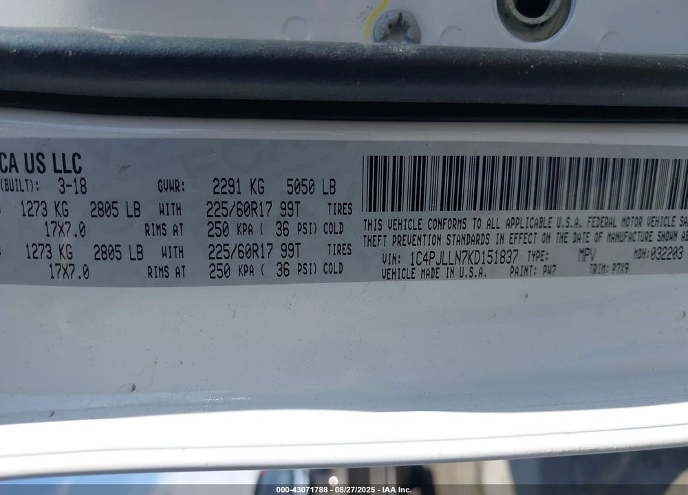 2019 JEEP CHEROKEE VIN: 1C4PJLLN7KD151837
