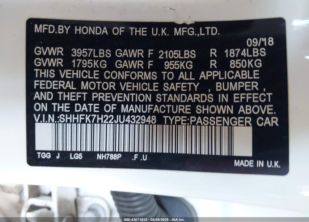 2018 HONDA CIVIC VIN: SHHFK7H22JU432948