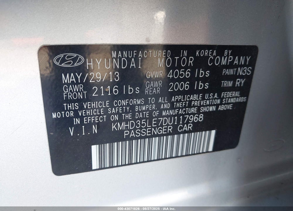 2013 HYUNDAI ELANTRA VIN: KMHD35LE7DU117968