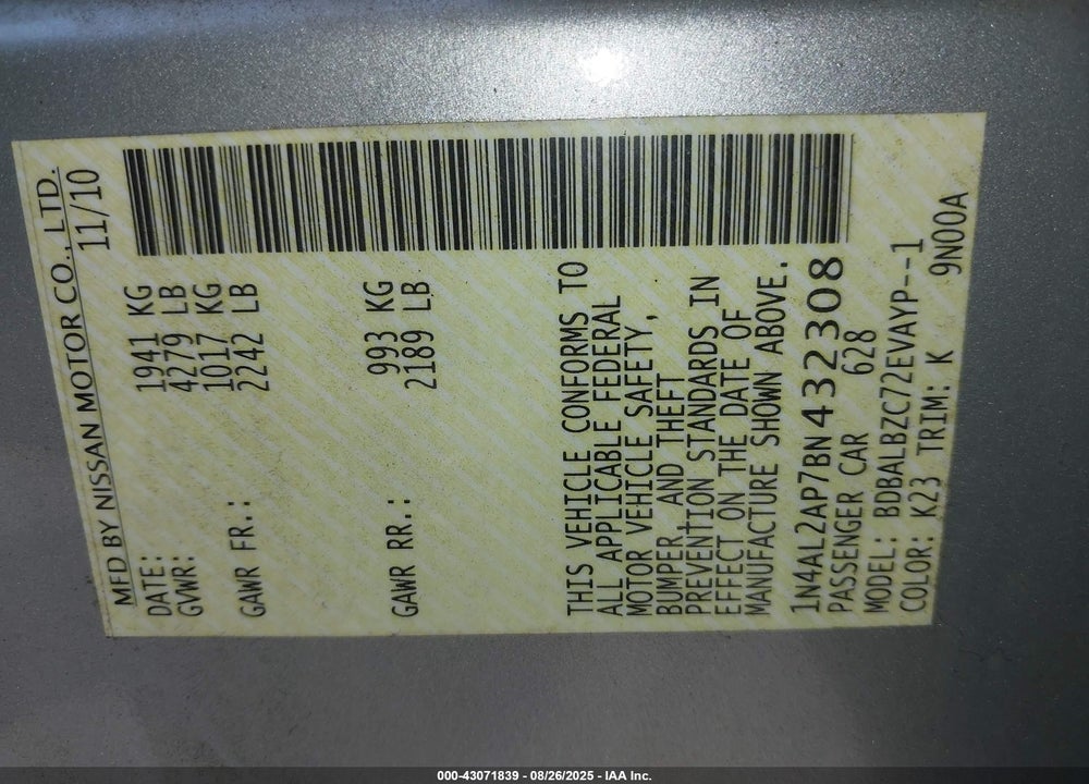 2011 NISSAN ALTIMA VIN: 1N4AL2AP7BN432308