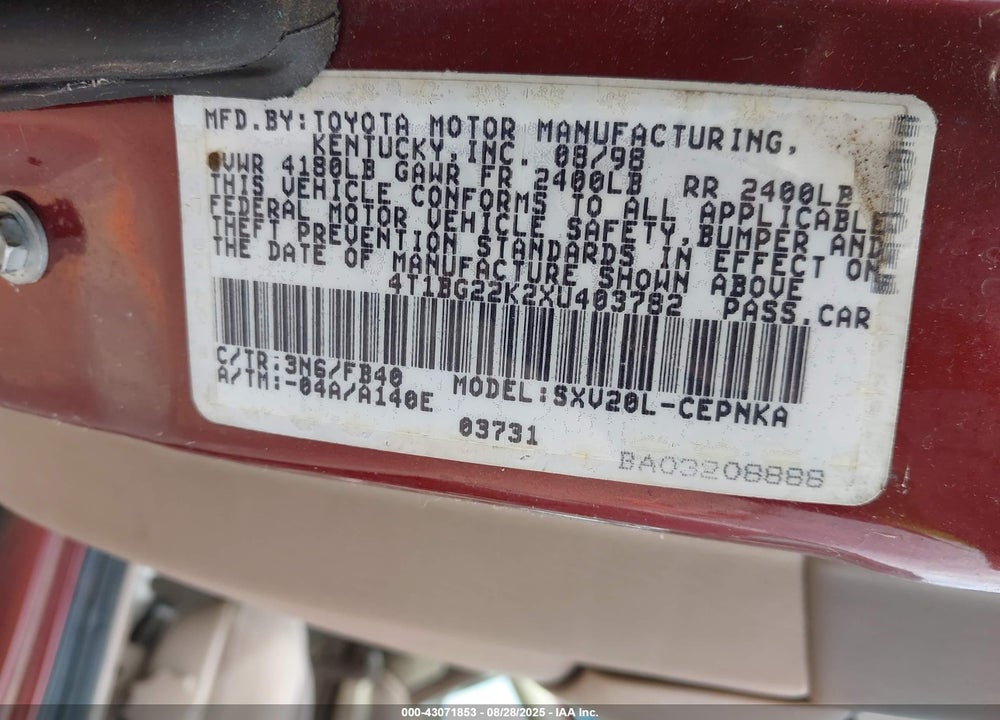 1999 TOYOTA CAMRY LE VIN: 4T1BG22K2XU403782