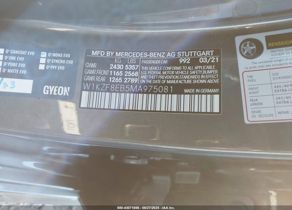 2021 MERCEDES-BENZ E-CLASS VIN: W1KZF8EB5MA975081