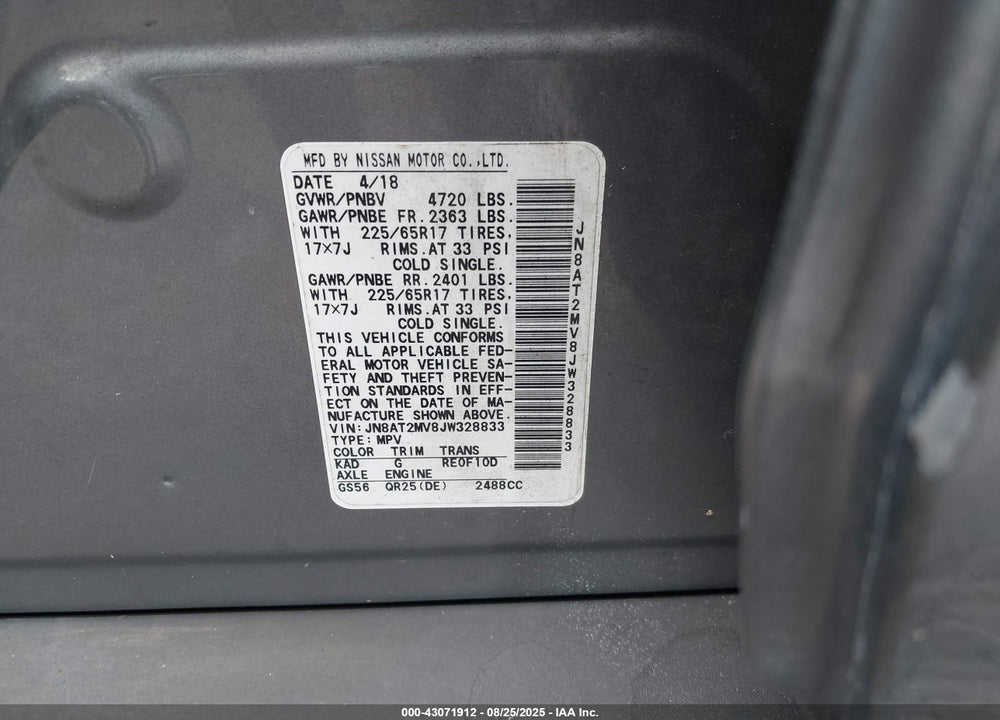 2018 NISSAN ROGUE VIN: JN8AT2MV8JW328833