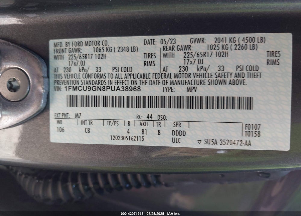 2023 FORD ESCAPE VIN: 1FMCU9GN8PUA38968