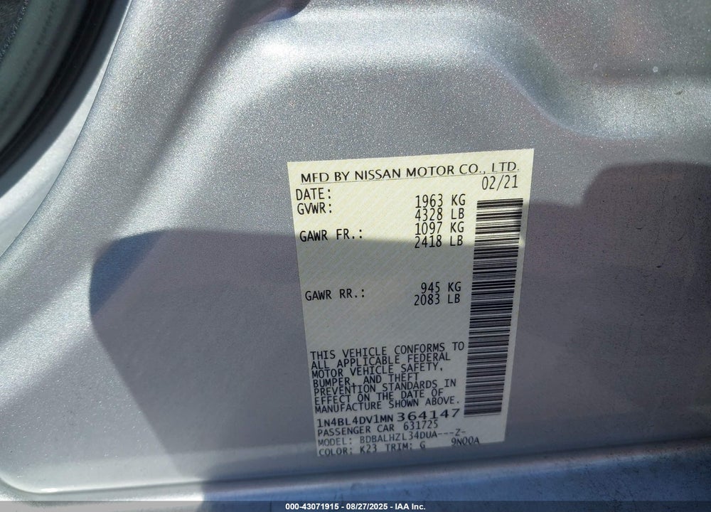 2021 NISSAN ALTIMA SV FWD VIN: 1N4BL4DV1MN364147