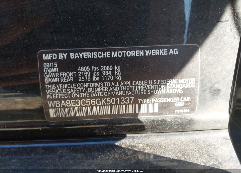 2016 BMW 3 SERIES VIN: WBA8E3C56GK501337
