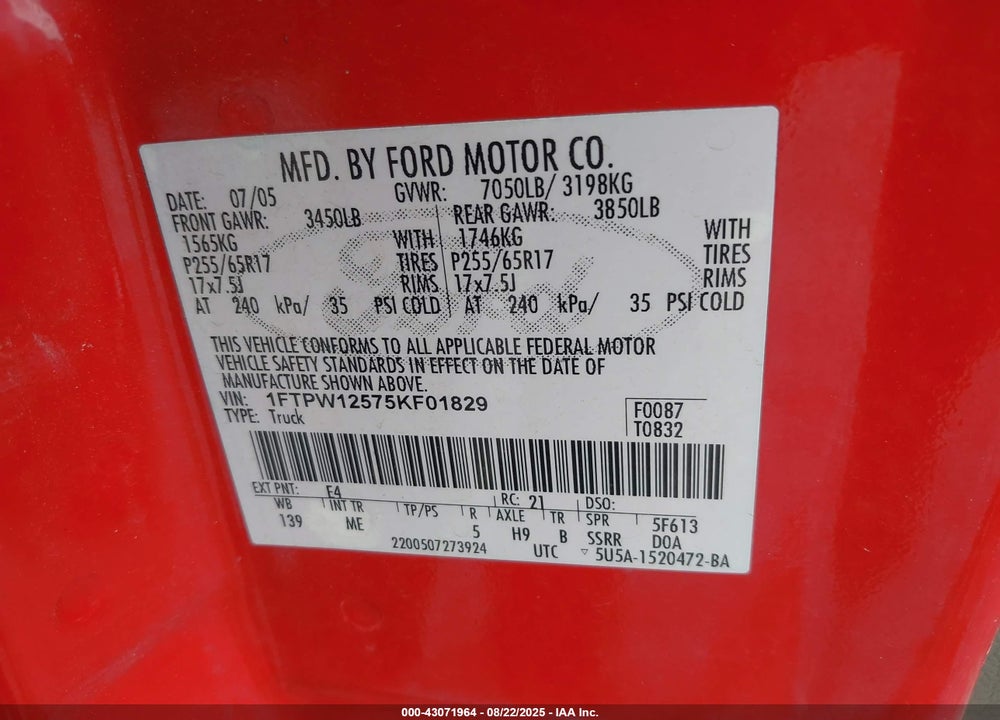 2005 FORD F-150 LARIAT/XLT VIN: 1FTPW12575KF01829