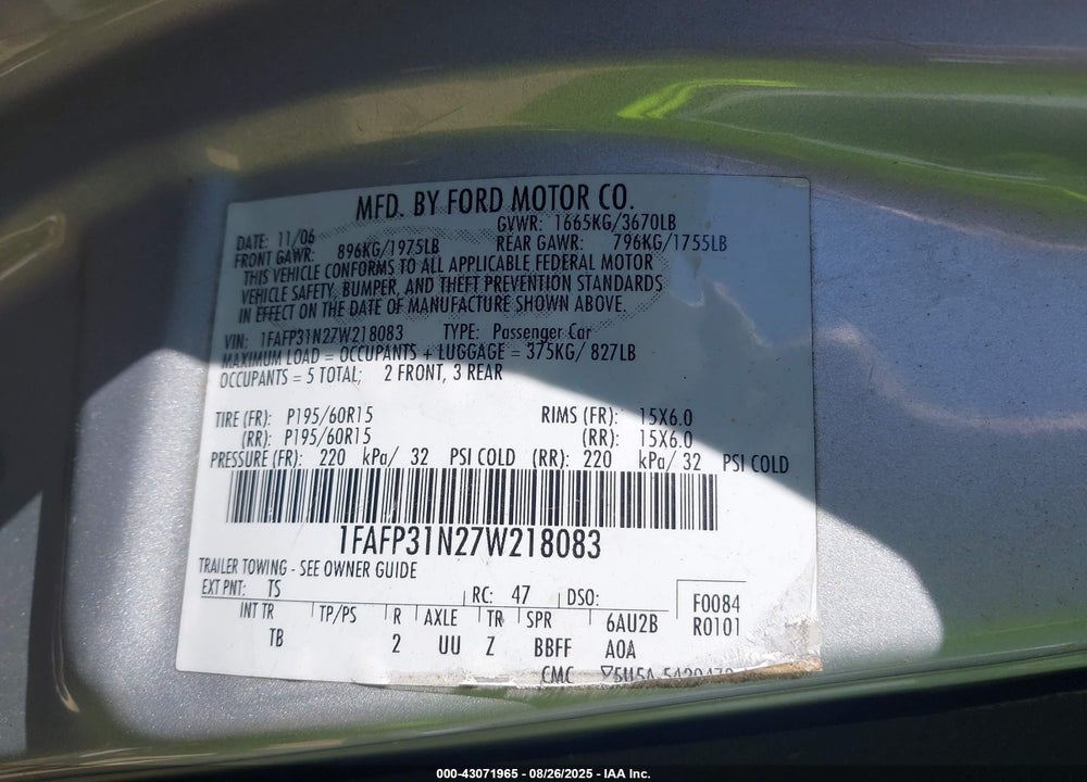 2007 FORD FOCUS VIN: 1FAFP31N27W218083