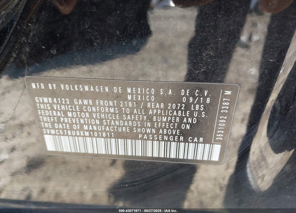 2019 VOLKSWAGEN JETTA VIN: 3VWC57BU8KM101811
