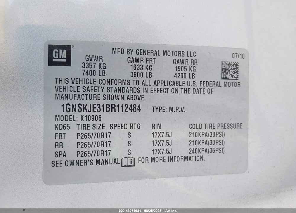 2011 CHEVROLET SUBURBAN 1500 LT1 VIN: 1GNSKJE31BR112484