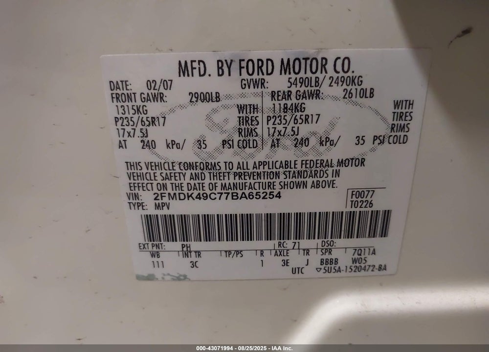 2007 FORD EDGE SEL PLUS VIN: 2FMDK49C77BA65254