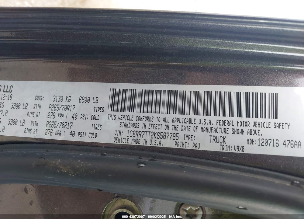 2019 RAM 1500 VIN: 1C6RR7TT2KS587795