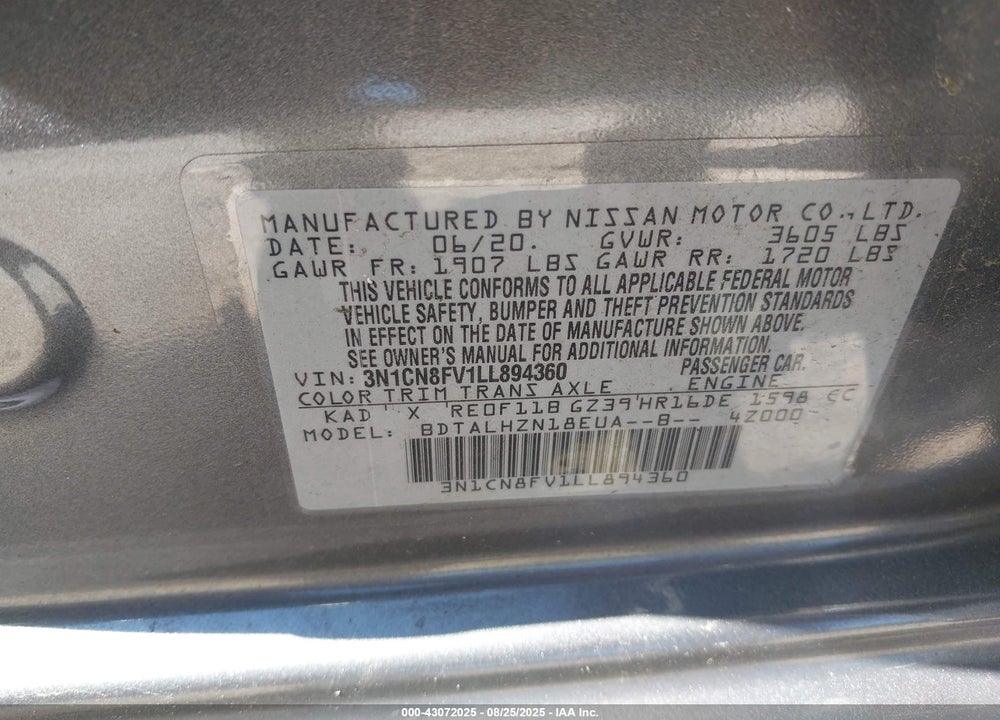 2020 NISSAN VERSA VIN: 3N1CN8FV1LL894360