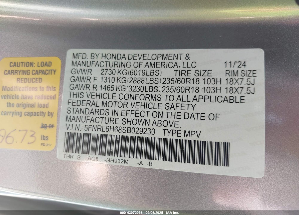 2025 HONDA ODYSSEY EX-L VIN: 5FNRL6H68SB029230