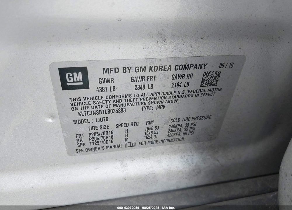 2020 CHEVROLET TRAX VIN: KL7CJNSB1LB035383