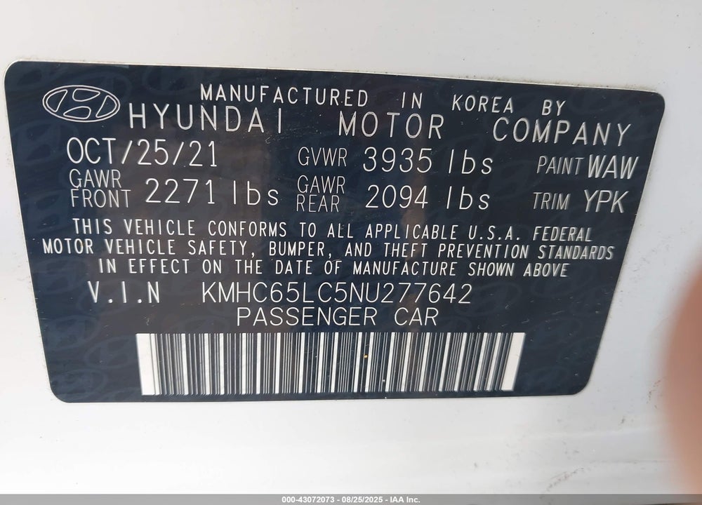 2022 HYUNDAI IONIQ HYBRID VIN: KMHC65LC5NU277642