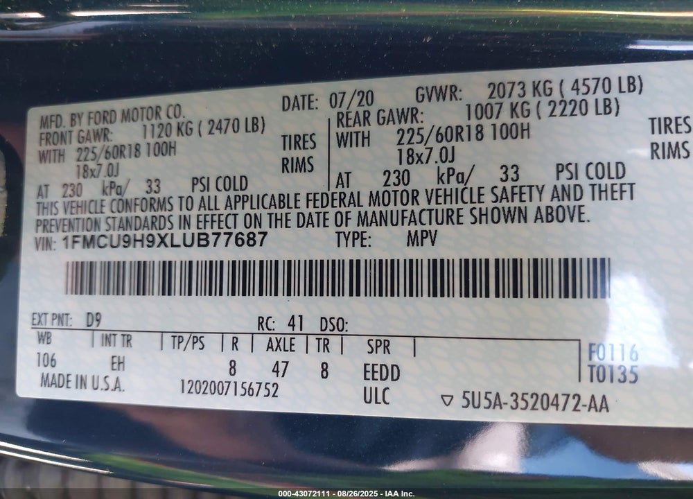 2020 FORD ESCAPE SEL VIN: 1FMCU9H9XLUB77687