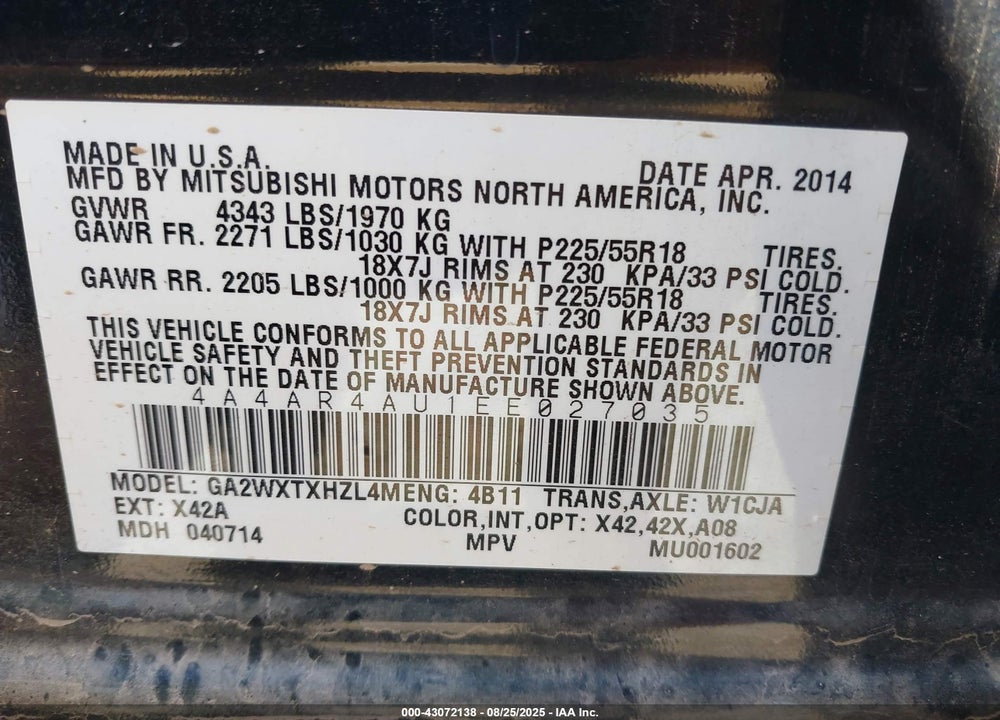 2014 MITSUBISHI OUTLANDER SPORT VIN: 4A4AR4AU1EE027035