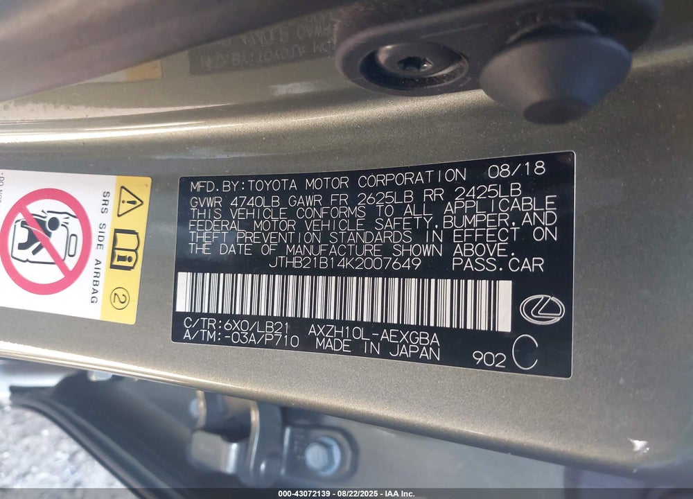 2019 LEXUS ES 300H VIN: JTHB21B14K2007649