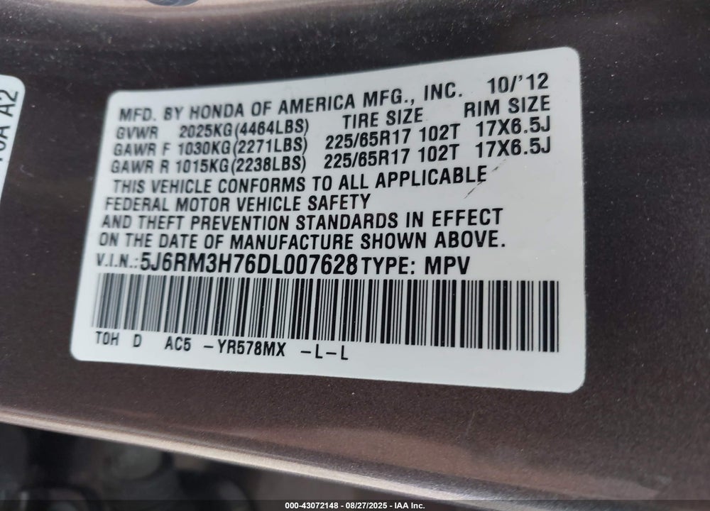 2013 HONDA CR-V VIN: 5J6RM3H76DL007628
