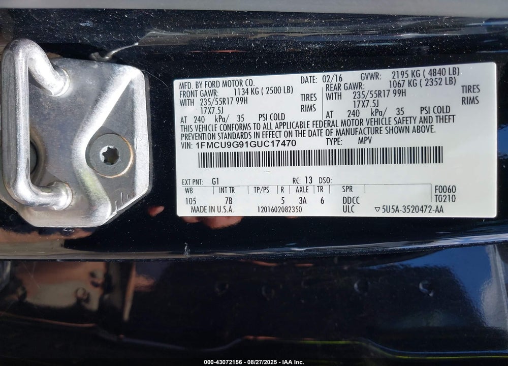 2016 FORD ESCAPE VIN: 1FMCU9G91GUC17470