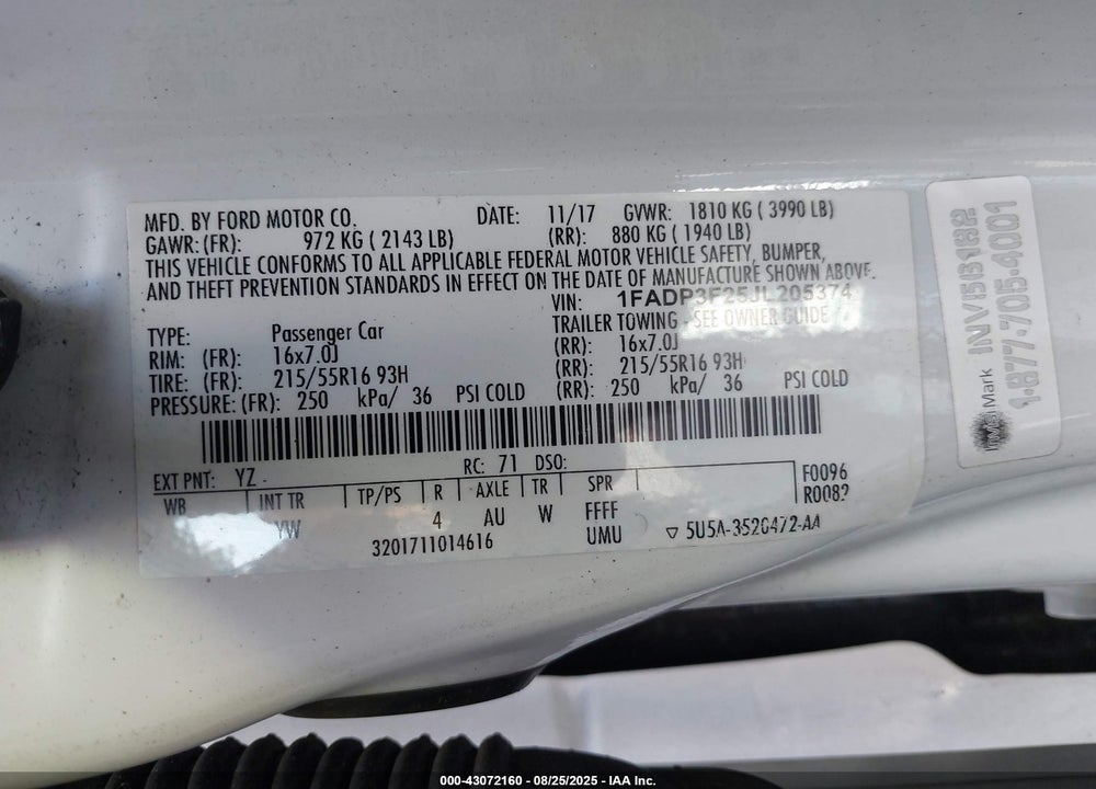 2018 FORD FOCUS VIN: 1FADP3F25JL205374