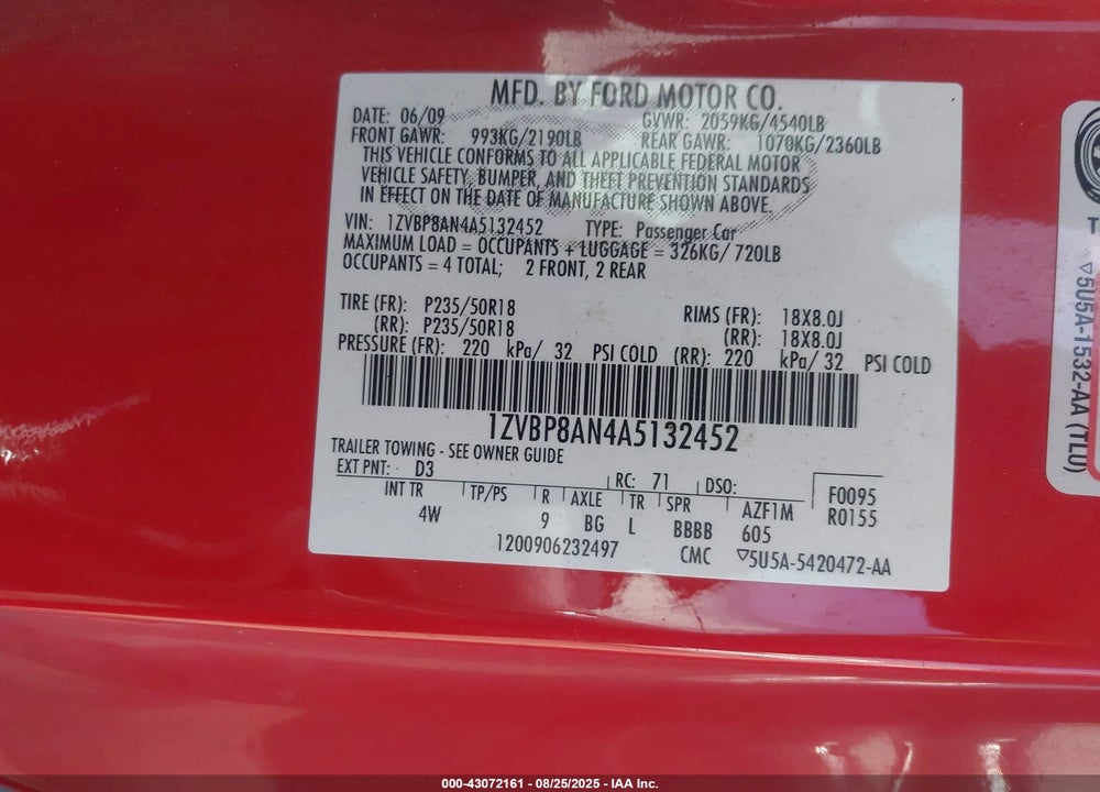 2010 FORD MUSTANG V6/V6 PREMIUM VIN: 1ZVBP8AN4A5132452