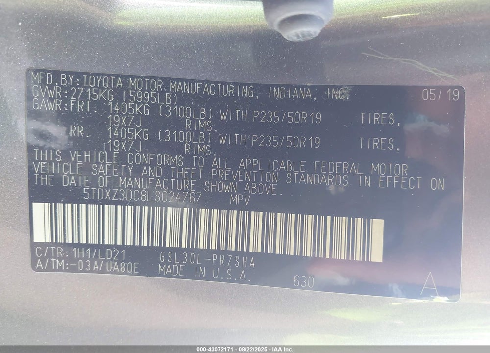 2020 TOYOTA SIENNA SE VIN: 5TDXZ3DC8LS024767