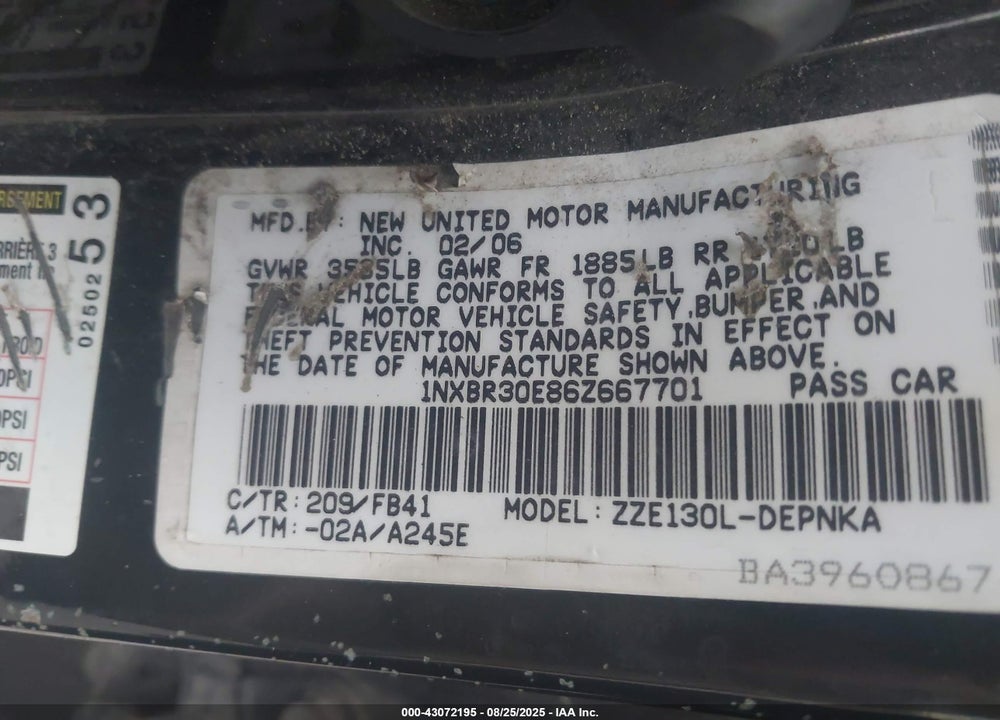 2006 TOYOTA COROLLA VIN: 1NXBR30E86Z667701