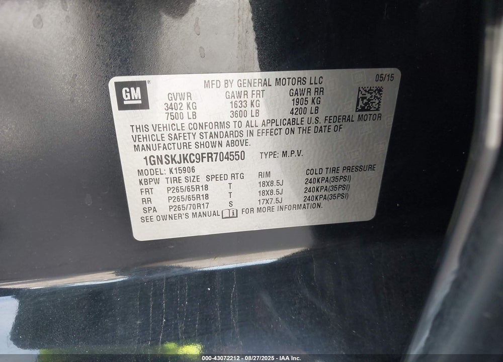2015 CHEVROLET SUBURBAN 1500 VIN: 1GNSKJKC9FR704550