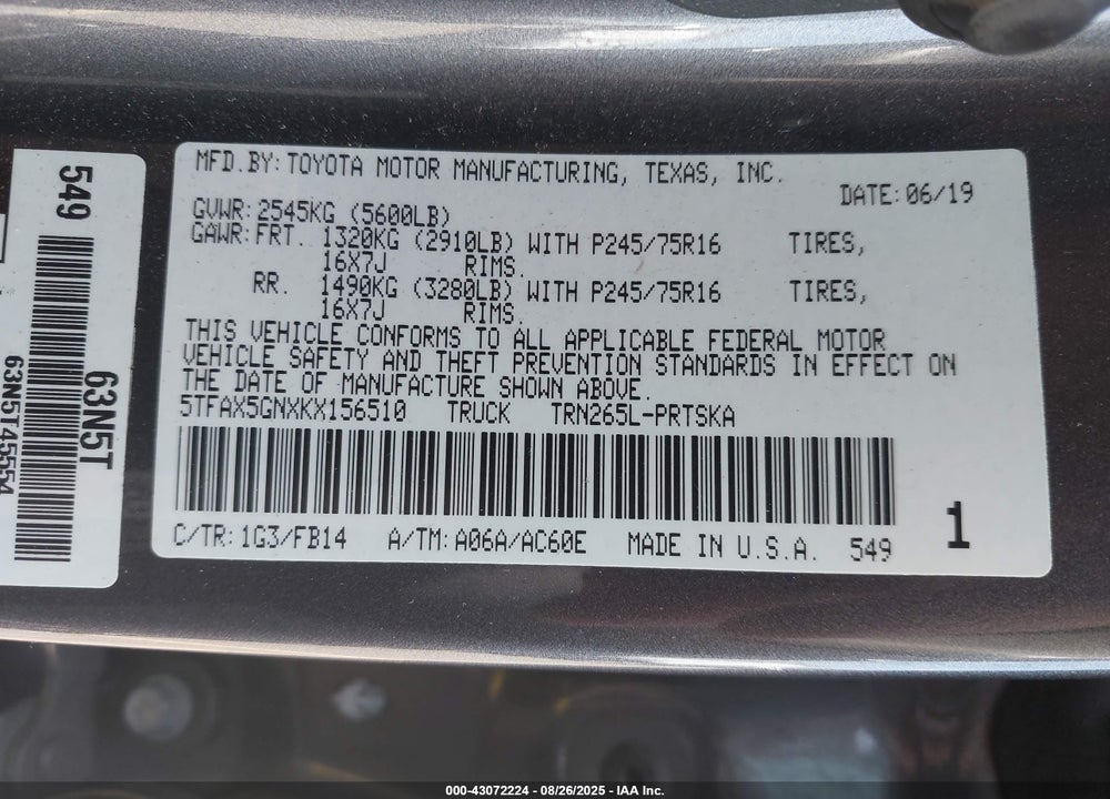 2019 TOYOTA TACOMA VIN: 5TFAX5GNXKX156510