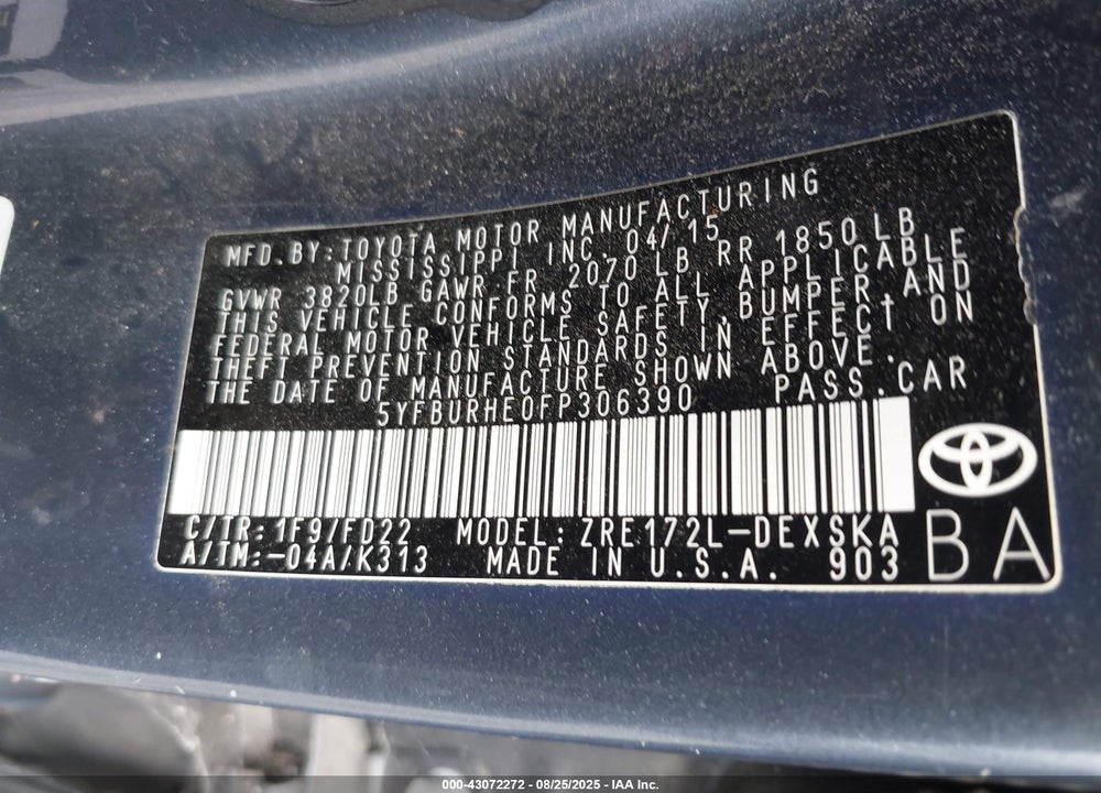 2015 TOYOTA COROLLA S PLUS VIN: 5YFBURHE0FP306390