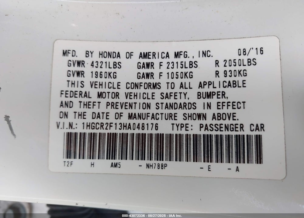 2017 HONDA ACCORD VIN: 1HGCR2F13HA048176