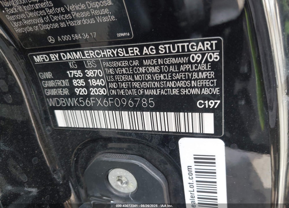 2006 MERCEDES-BENZ SLK 350 VIN: WDBWK56FX6F096785